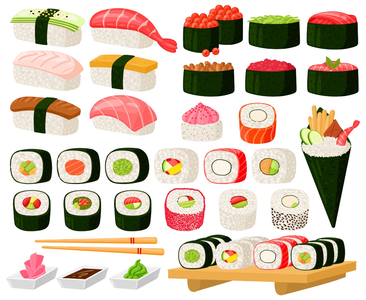 Illustrasjon av ulike typer sushi