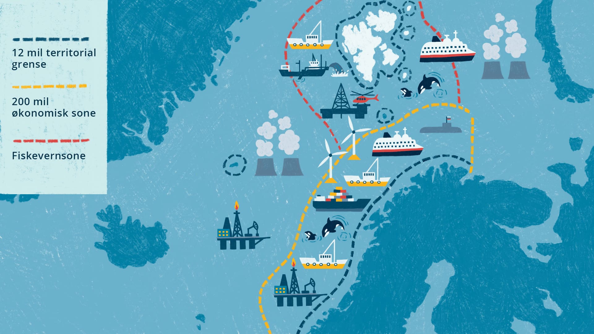 Illustrasjon av Norges havområder og hva de kan brukes til i framtiden